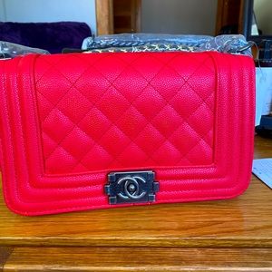 Chanel Boy Medium Red Caviar Leather Shoulder Bag